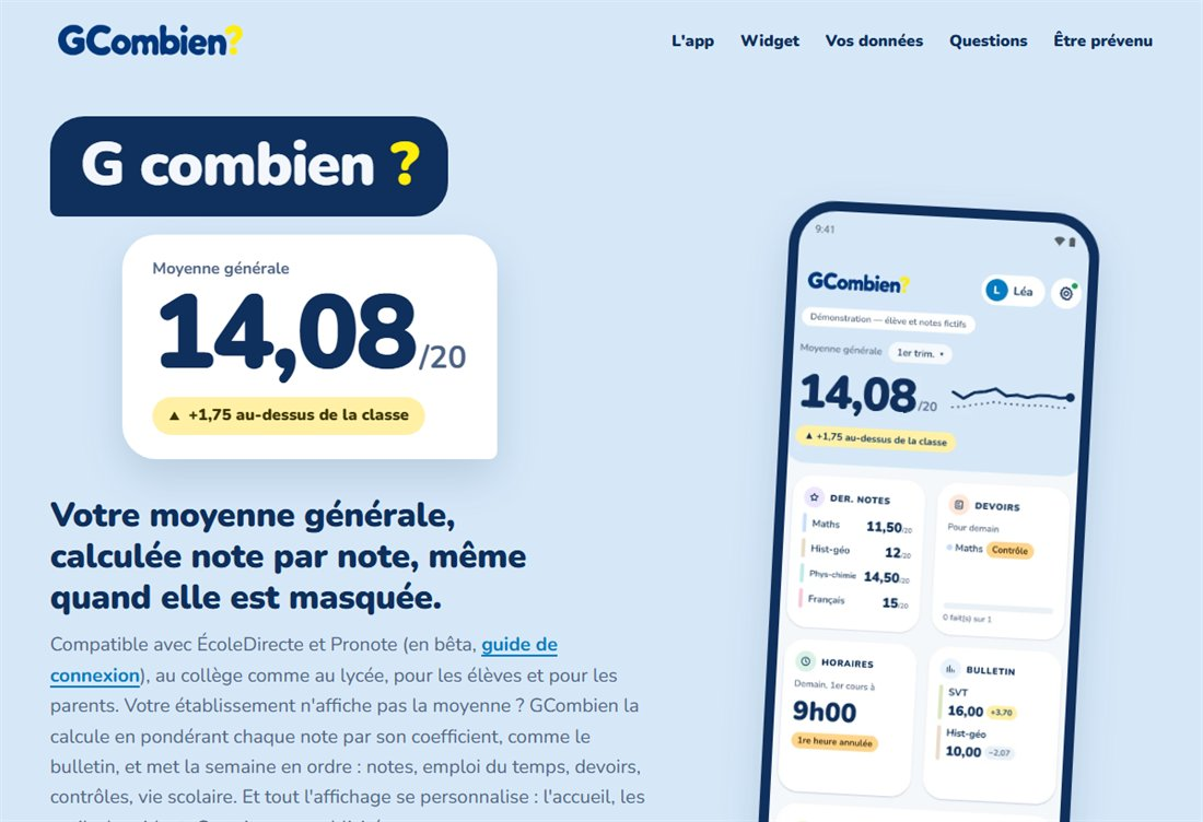 Aperçu du site Gcombien avec démonstration de suivi scolaire